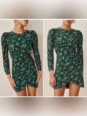 Reformation Juni Green
Gathered Floral Print Crepe
Mini Dress Size 6 NWT